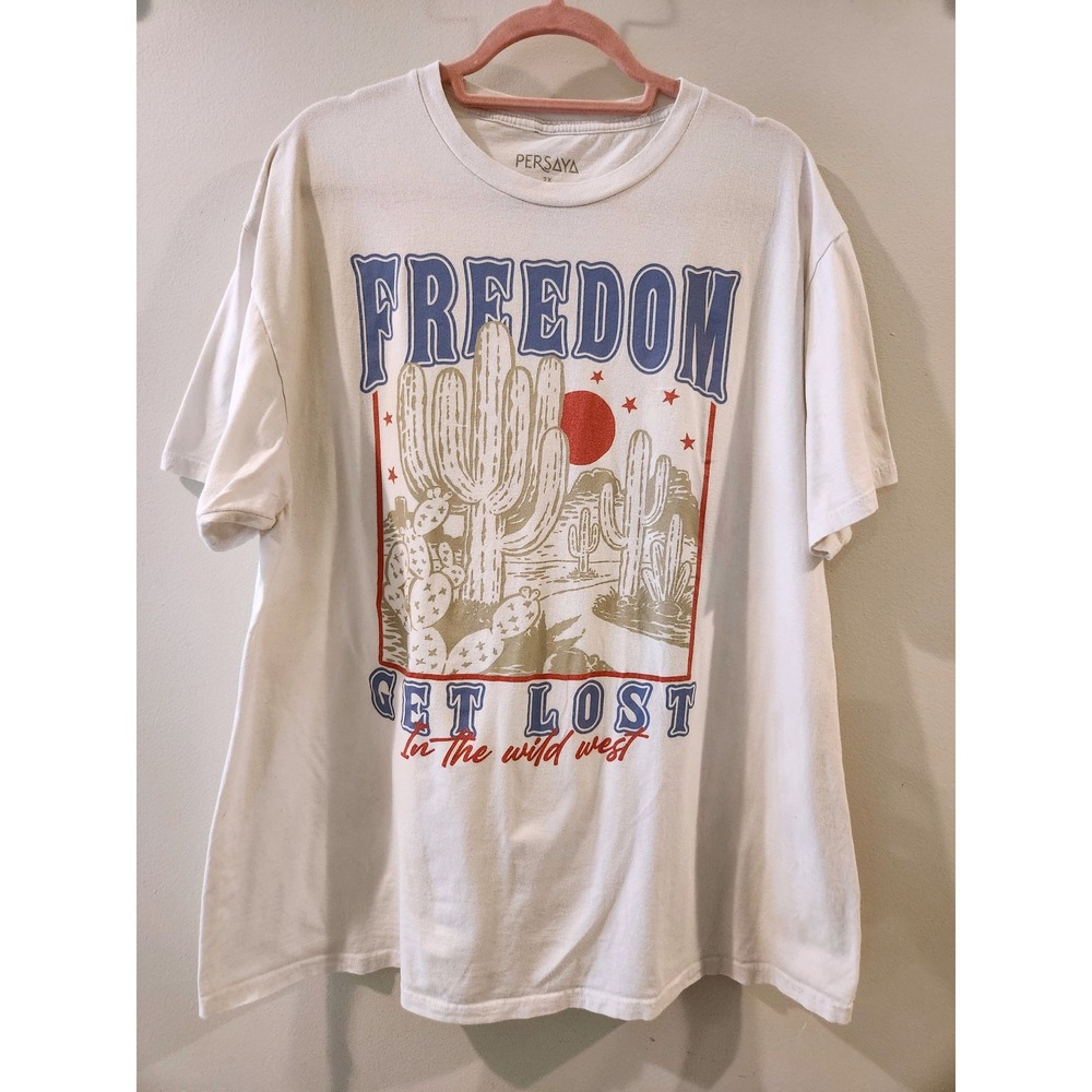 Persaya Womens 2X T-Shirt Freedom‎ Graphic Cactus Wild West Boxy Cotton Top